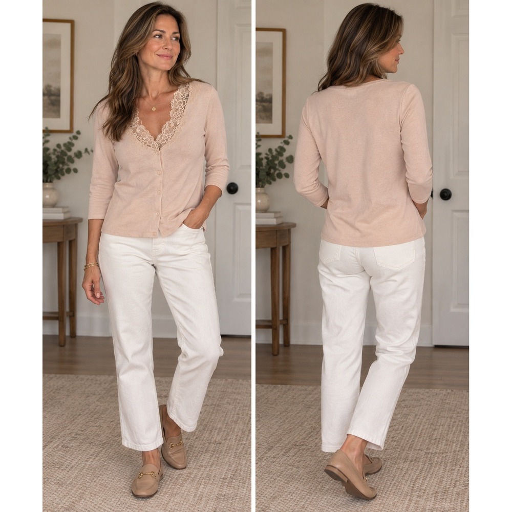 Ann Taylor Silk Cashmere Blend Lace Trim Cardigan Sweater Peach XS 3/4 Sleeve